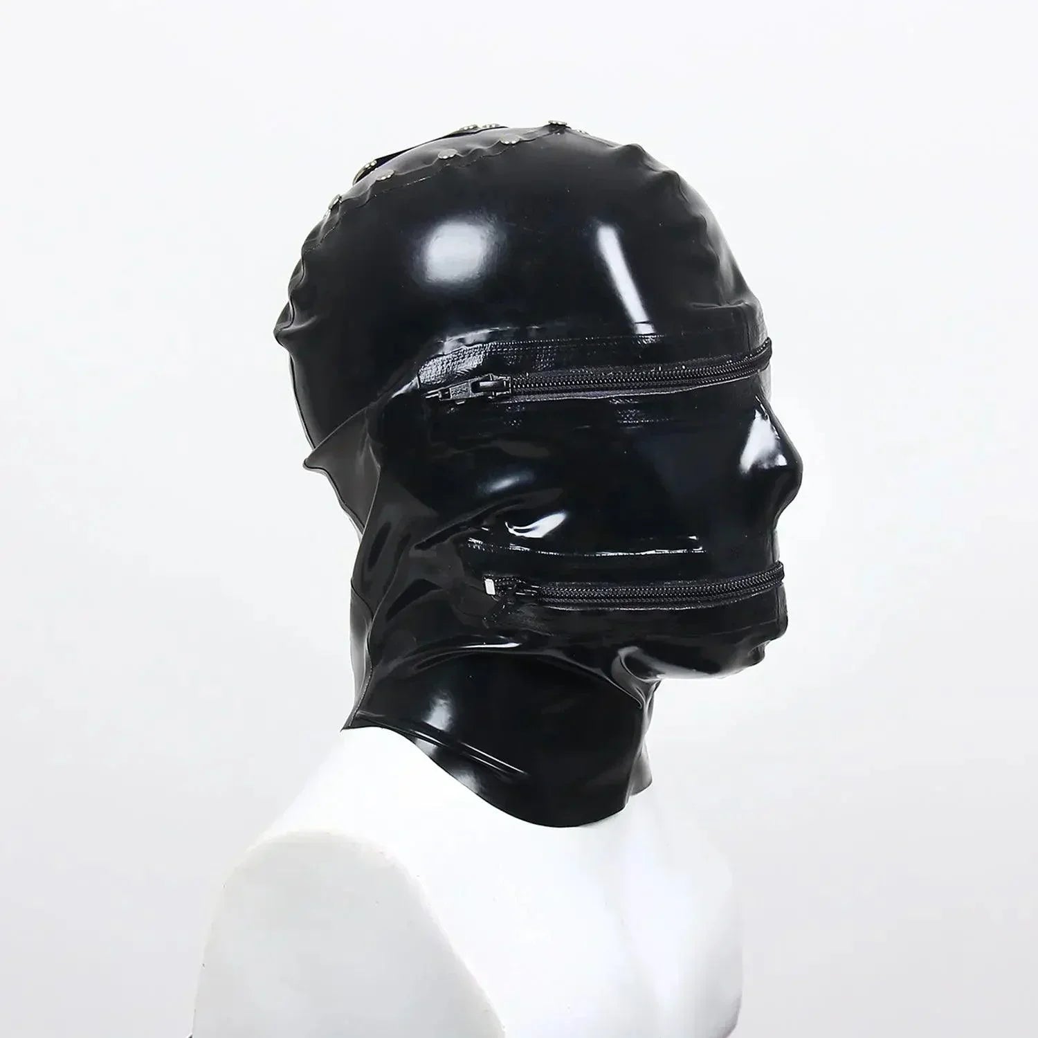 Black latex or rubber mask covering the entire head, with openings for eyes and mouth.