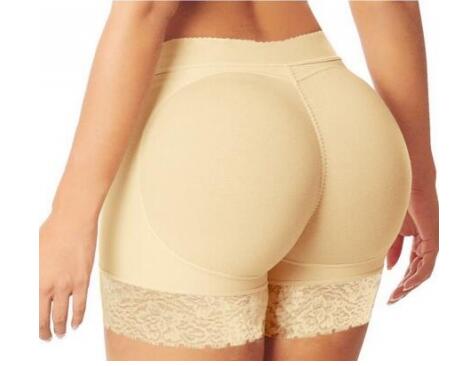 Beige padded underwear with lace trim designed to enhance the buttocks.