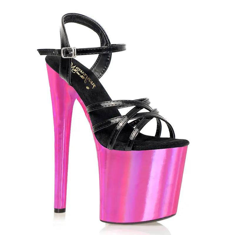 High-heeled platform sandal with a black strappy upper and vibrant pink metallic base.