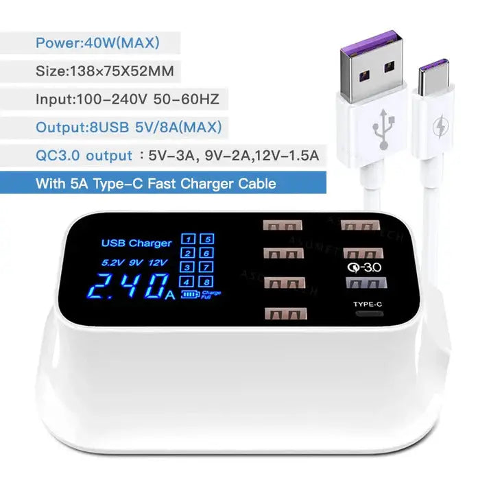 Multi-port USB charging station with digital display and Type-C cable.