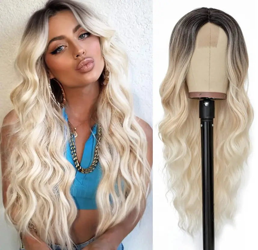 Long blonde ombre wig with dark roots and wavy texture.