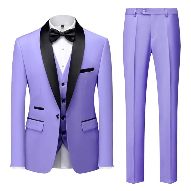 Lavender tuxedo suit with black lapels and bow tie.