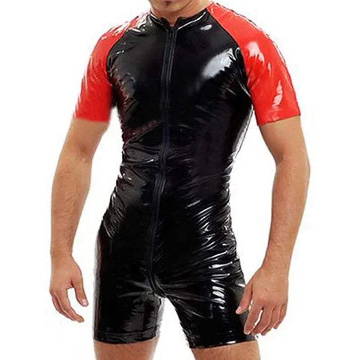 Shiny black and red latex or PVC short-sleeved bodysuit with a front zipper.