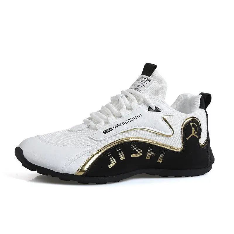 White and black athletic sneaker with gold accents and a sock-like collar.