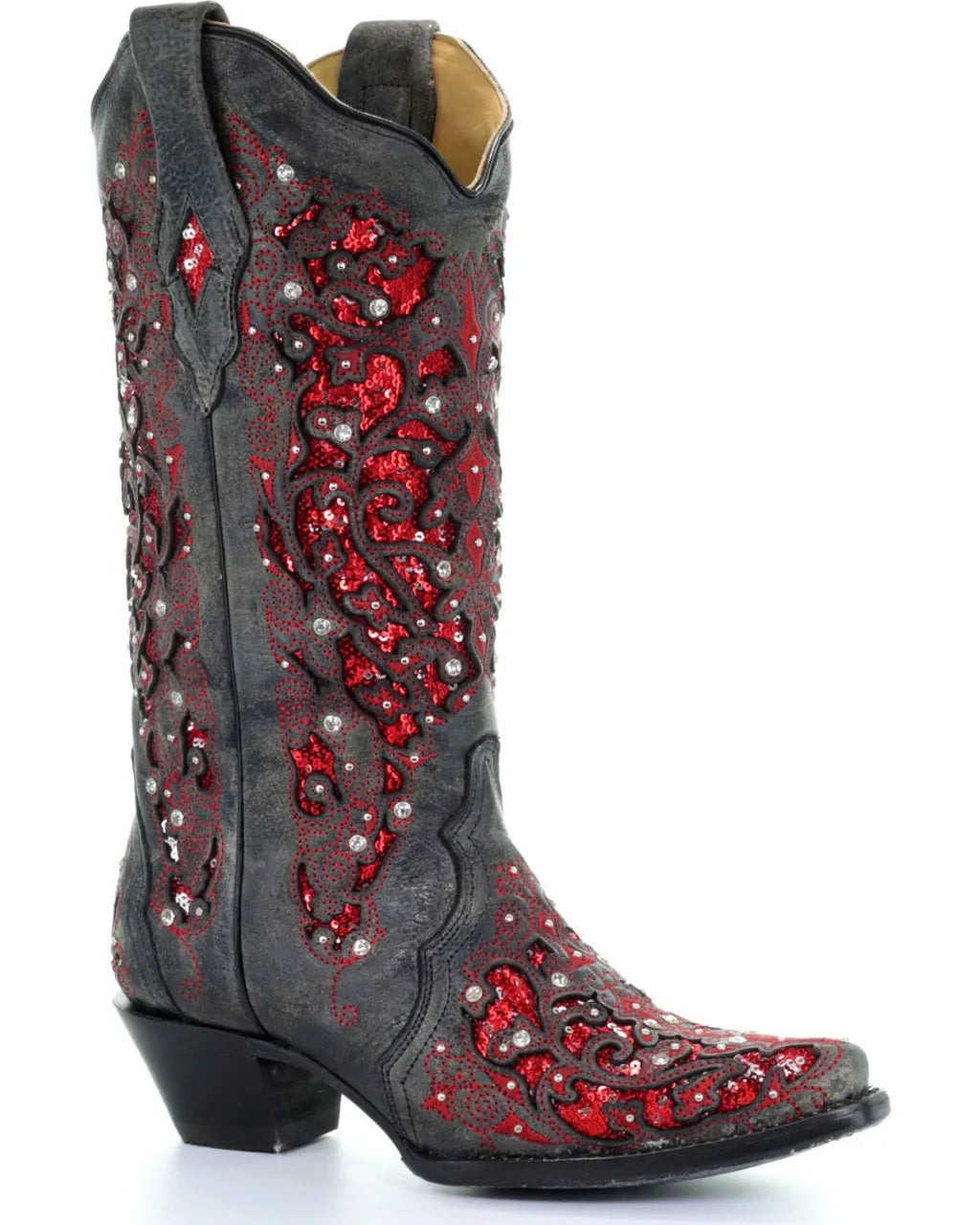 Ornate cowboy boot with black leather and red sequin floral embellishments.