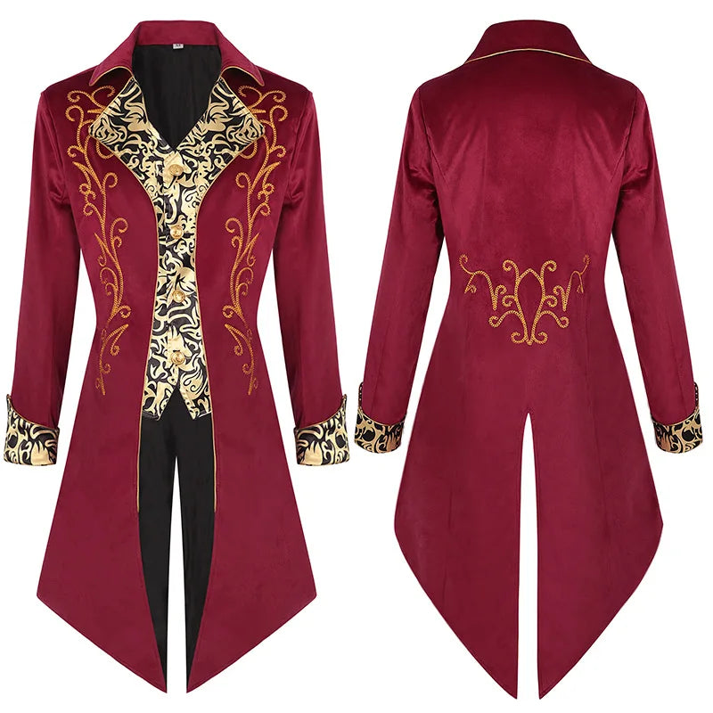 Ornate burgundy tailcoat with gold embroidery and a floral-patterned lapel.