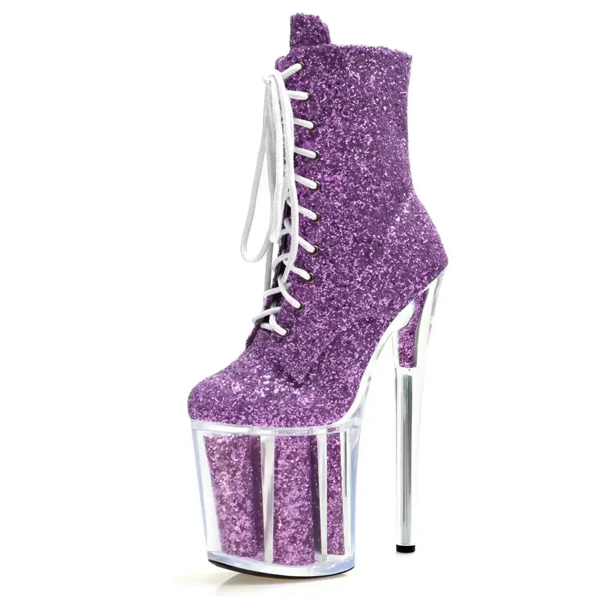 Glittery purple platform boot with extremely high heel and white laces.