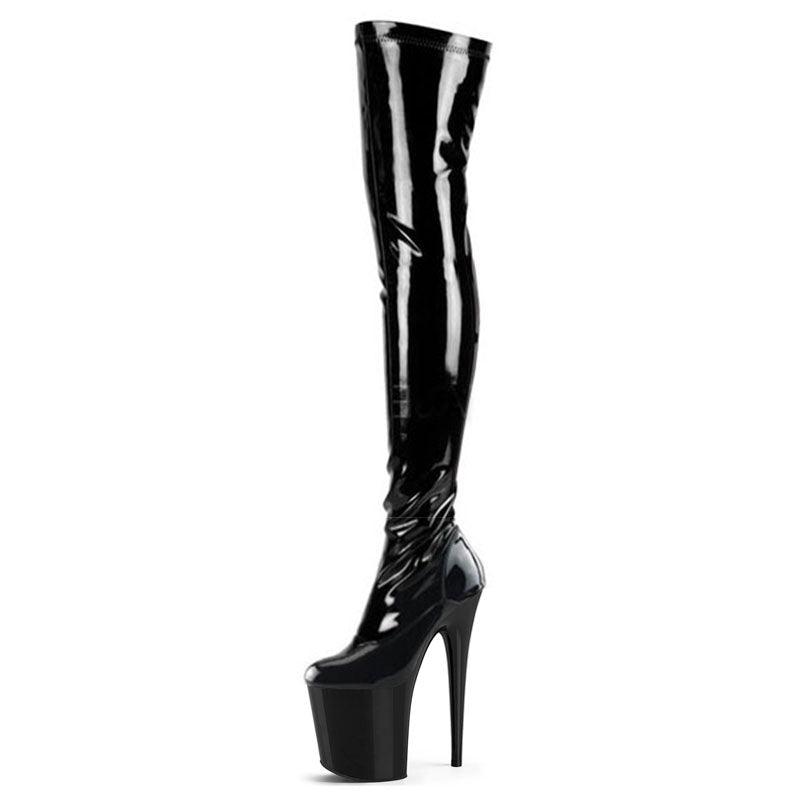 Shiny black thigh-high platform boot with an extremely high stiletto heel.