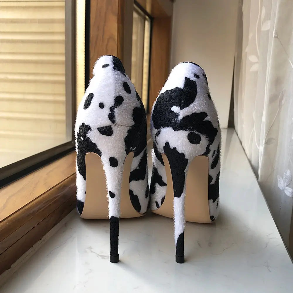 High-heeled Cow Print Hairy Flock Pointed Toe shoes for trendy style.