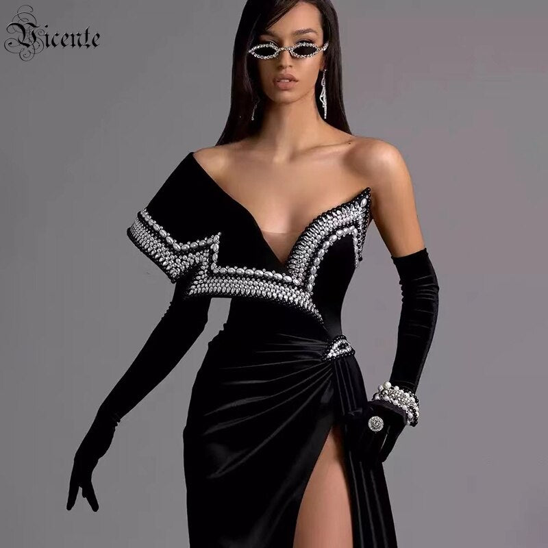 New One-Shoulder Beaded Beautiful Pleated Slim Long Slit Bandage Dress - Pleasures and Sins   Pleasures and Sins