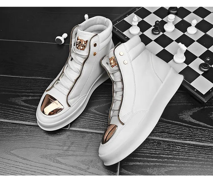 White high-top casual street boots with metallic rose gold accents and tiger detail.