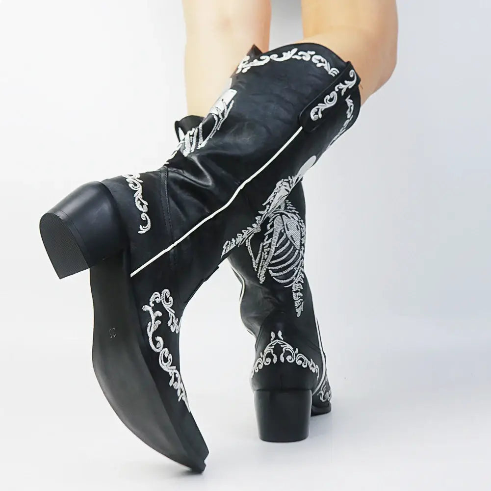 Bottes de cowgirl à talons hauts pour femmes à mi-mollet et à talons courts Skull