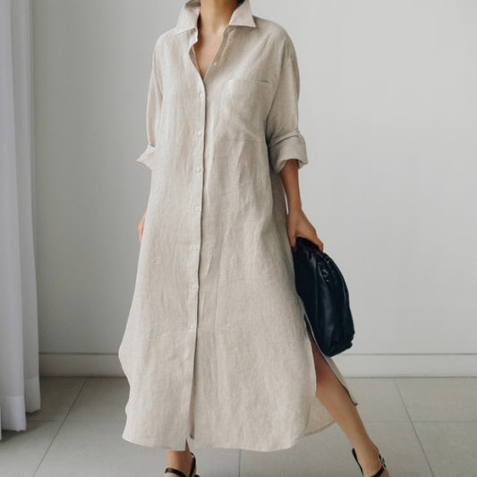 Spring and Autumn shirt dress, knee length slit shirt