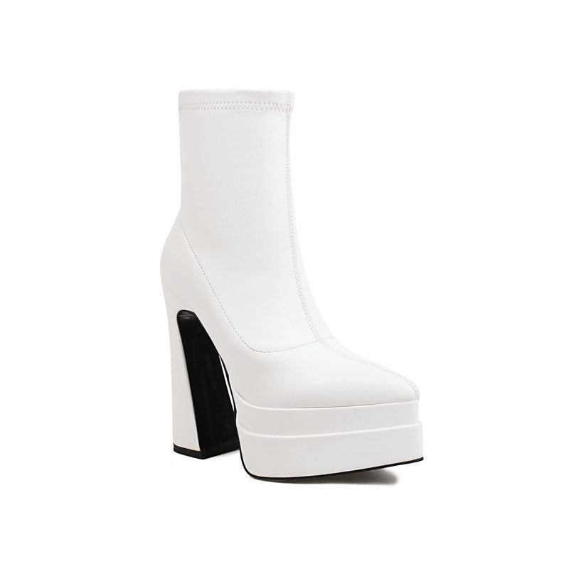 Women’s Short Boots With Pointed Toe And Thick Heel