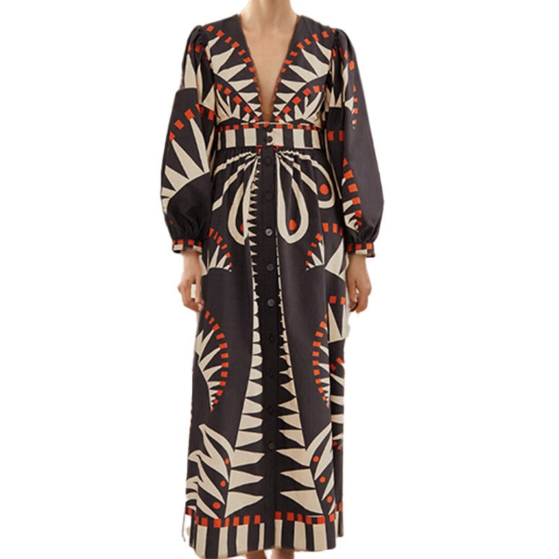 Long V neck dress with classical style print and big sleeves