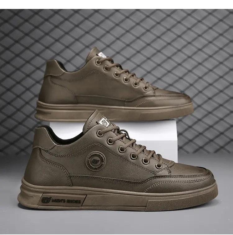 Brown leather sneakers with lace-up design, perfect for Men’s British Style Soft Soled casual shoes.