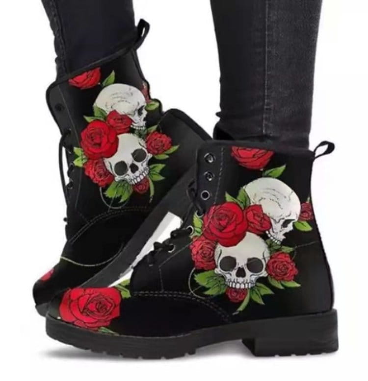 Black combat boots with skulls and red roses for Ladies Gothic Alice in Wonderland style.