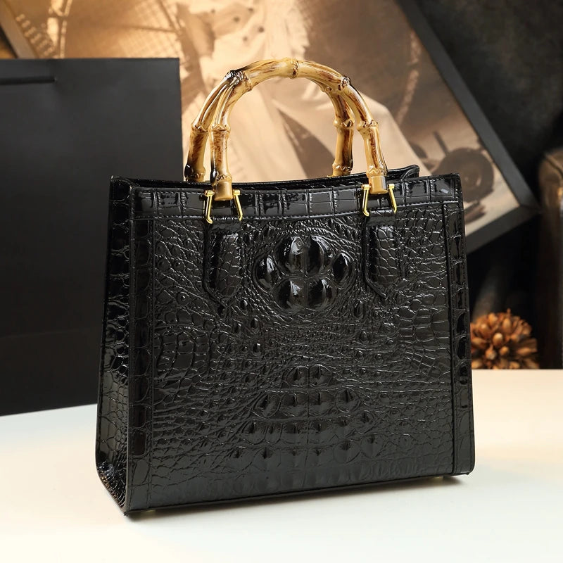 Genuine Leather Bamboo Handle Crocodile Pattern Ladies Handbag - Pleasures and Sins   Pleasures and Sins