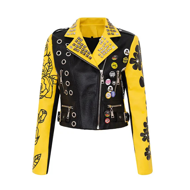 Graffiti Print Motorcycle Pu Ladies Leather Jacket