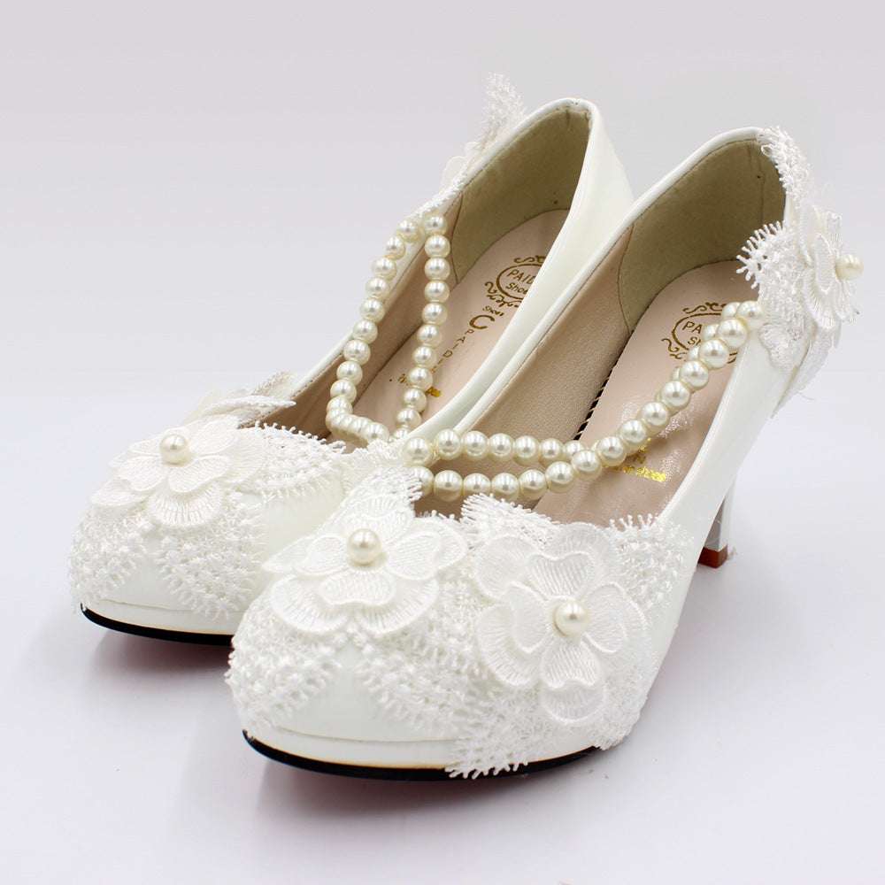 Floral With Pearl Strap High Heel White Wedding Shoes