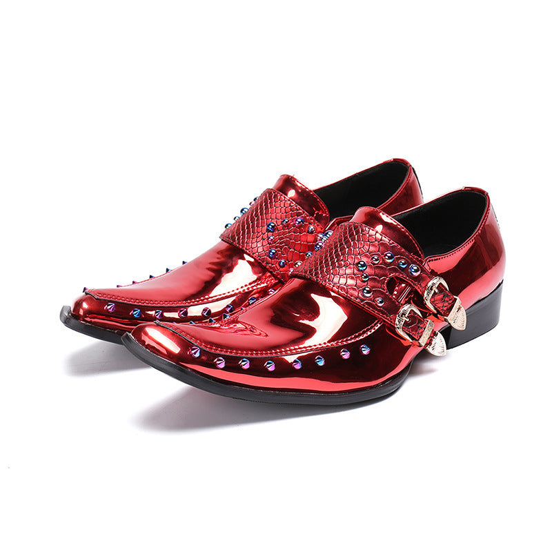 Leather Men's Pointed Patent Embossed Wine Red Shoes