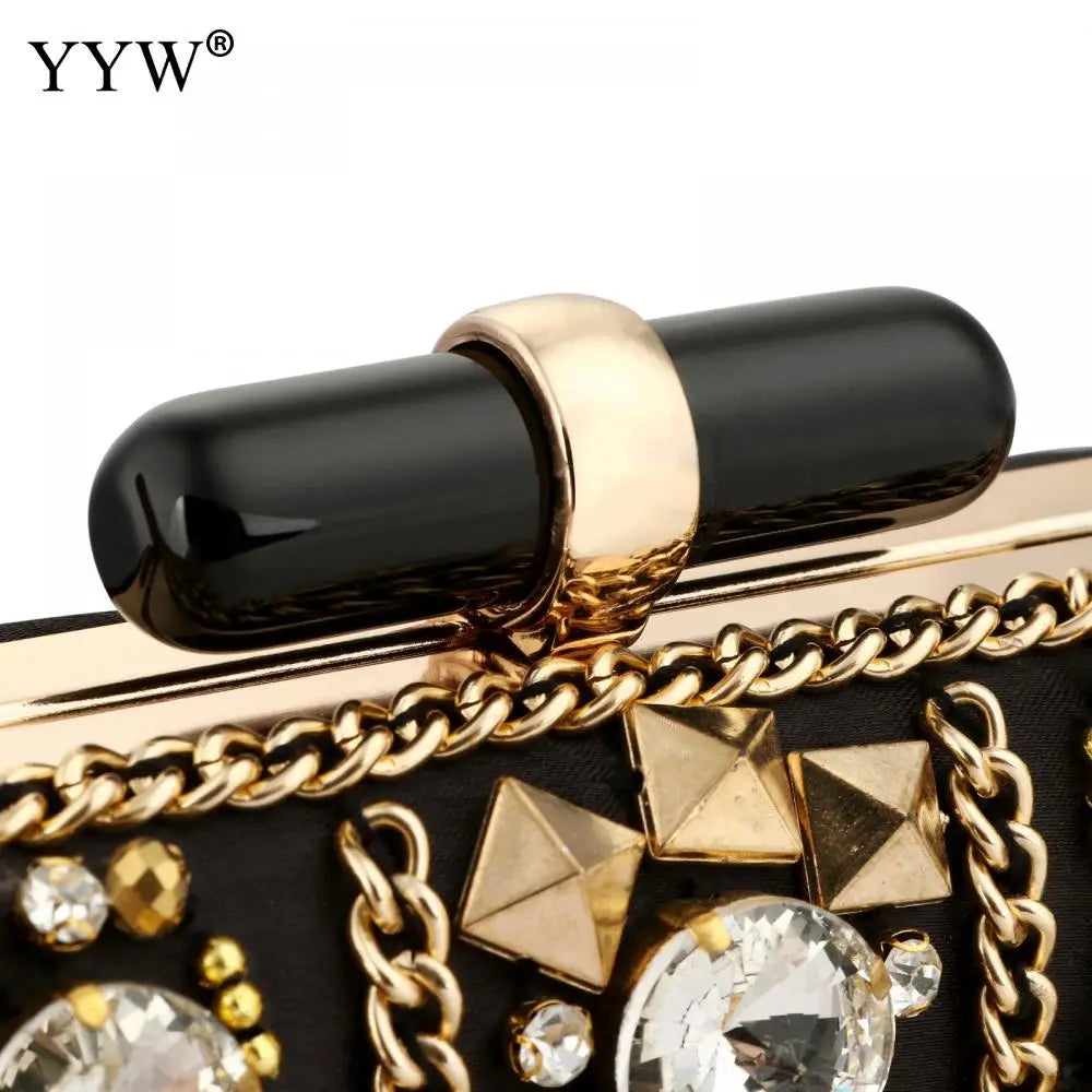 Stylish Black Satin Bohemia Style Rhinestone Clutch with Crystal Details and Chain.