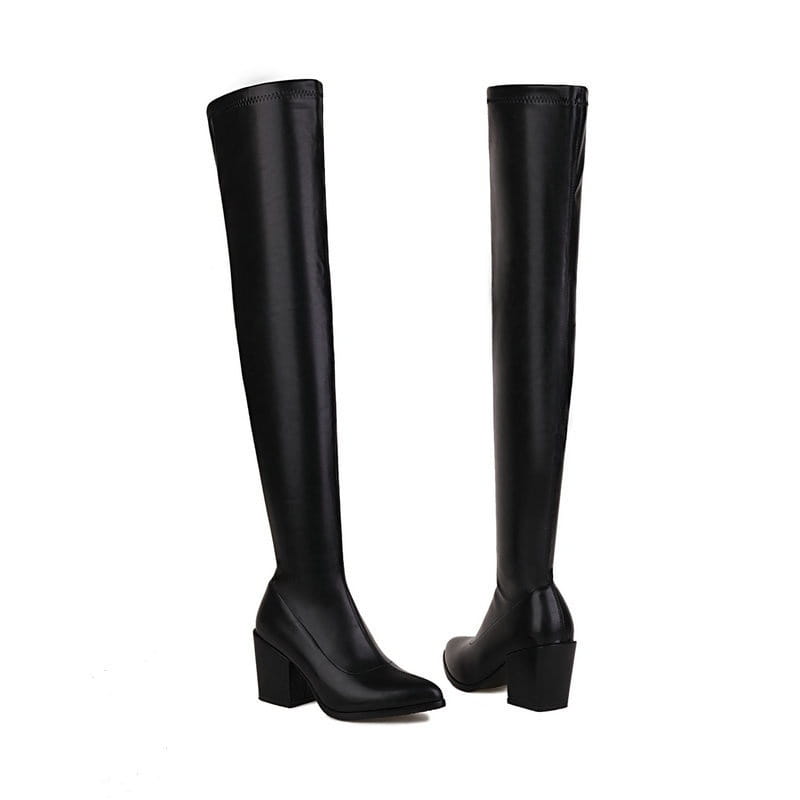 Over-the-Knee Stiefel mit dickem, hohem Absatz und elastischer Spitze