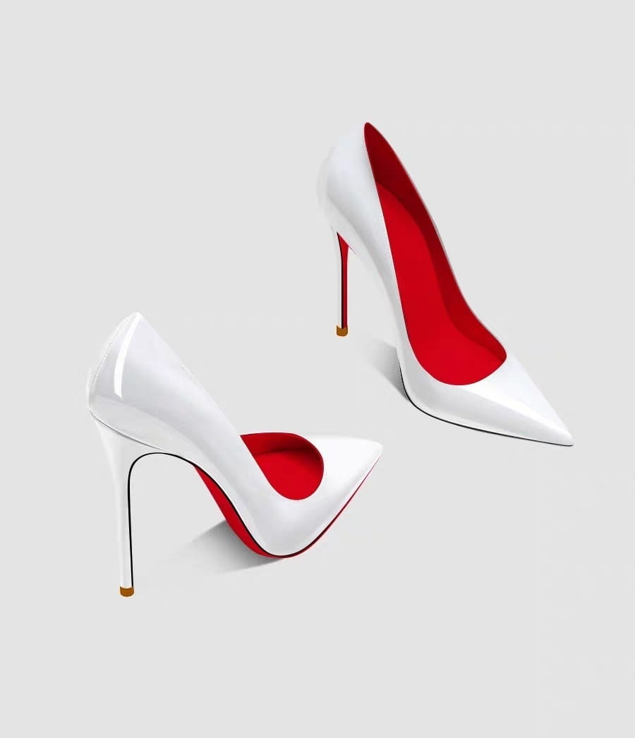 White stiletto heels with red soles for that Pure Desire Luxury vibe and effortless elegance.