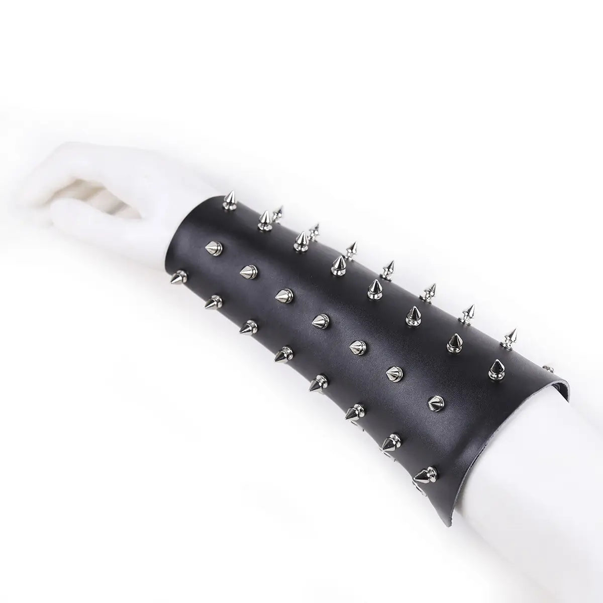 Black leather spiked wristband with studs for stylish erotic bondage and nail armor play