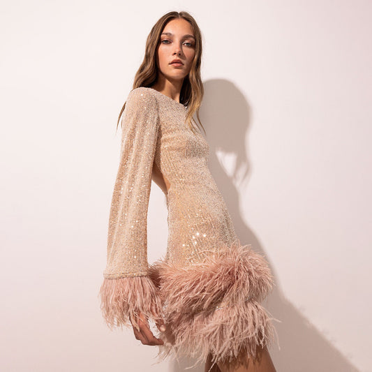 Waist length sexy short skirt dress with large backless long sleeved sequin feather dress