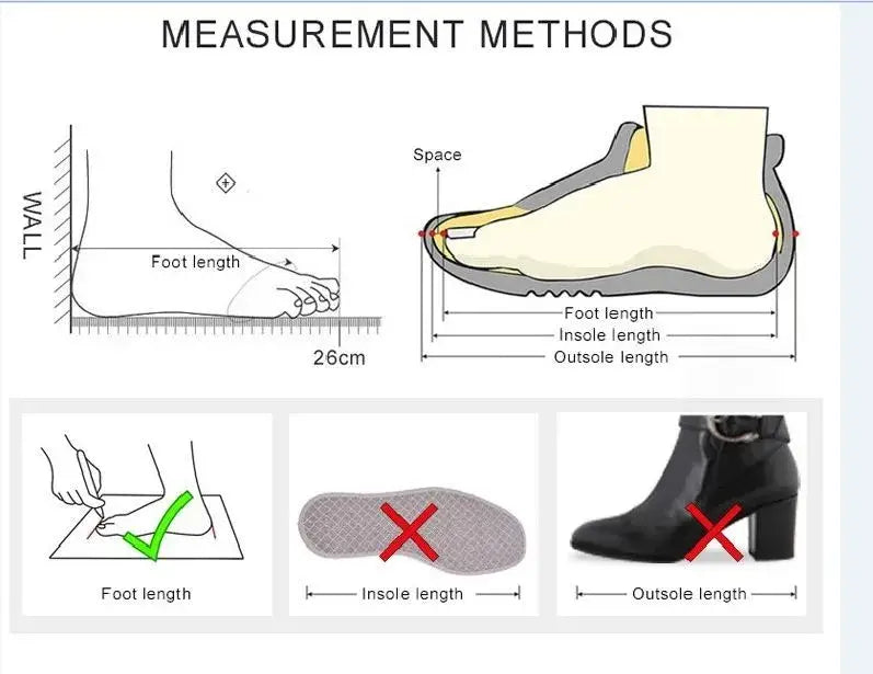 Diagram of measuring foot and shoe sizes for Genuine Leather Split Toe Block Loafers.