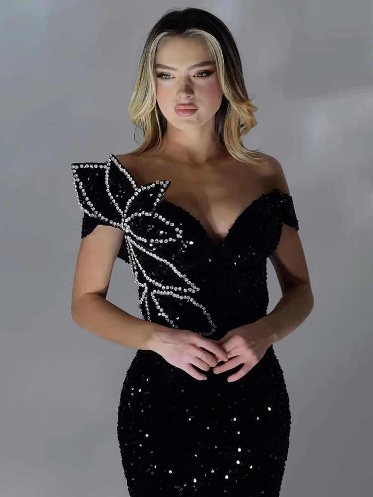 Womens V-Neck Off Shoulder Black Diamante Sequin Evening Gown - Pleasures and Sins   Pleasures and Sins