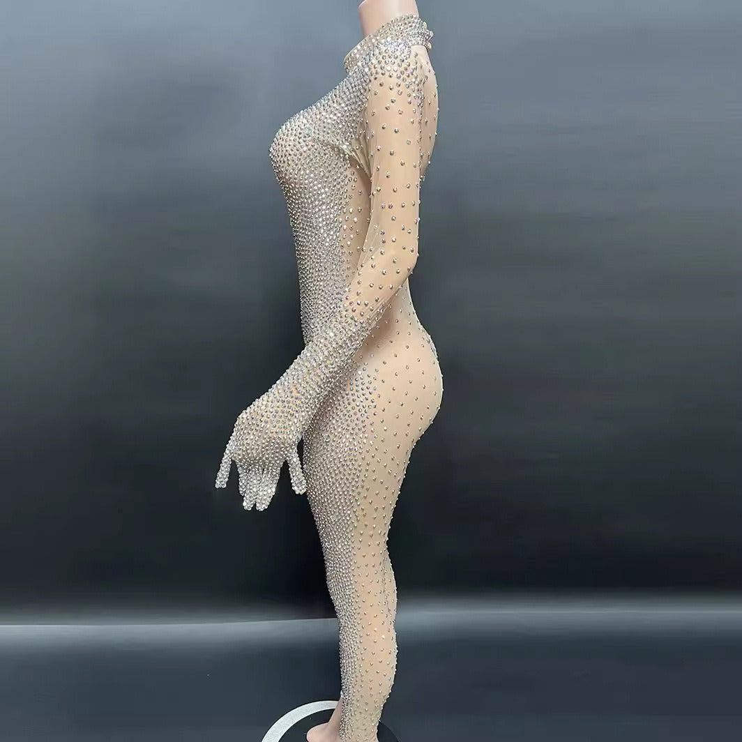 Round neck long sleeved skin tight Rhinestone jumpsuit with gloves - Pleasures and Sins   Pleasures and Sins