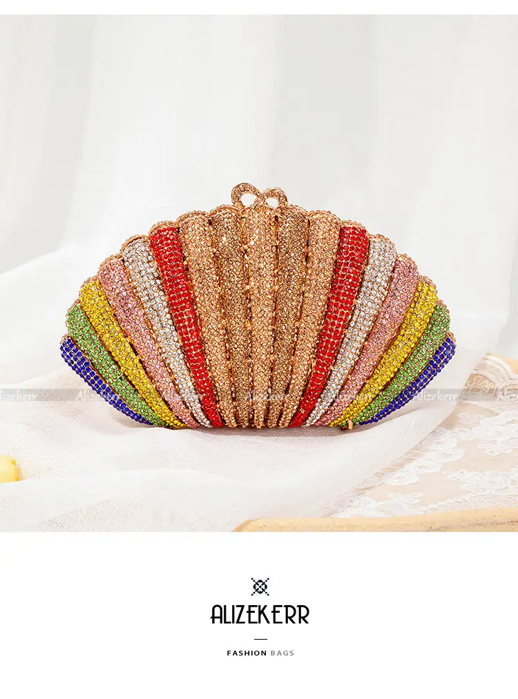 Vibrant Rainbow Shell Rhinestone Evening Clutch with beaded embellishments.