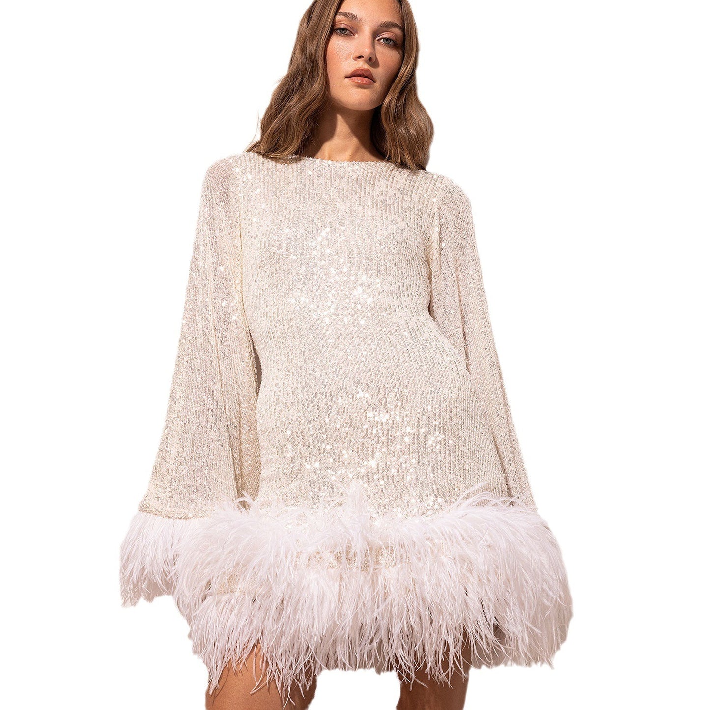 Waist length sexy short skirt dress with large backless long sleeved sequin feather dress