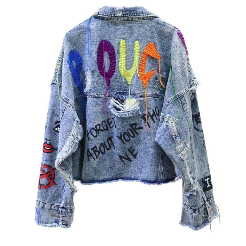 Graffiti Denim Short Jacket Raw Edge Cut Heavy Rivet Tassel - Pleasures and Sins   Pleasures and Sins