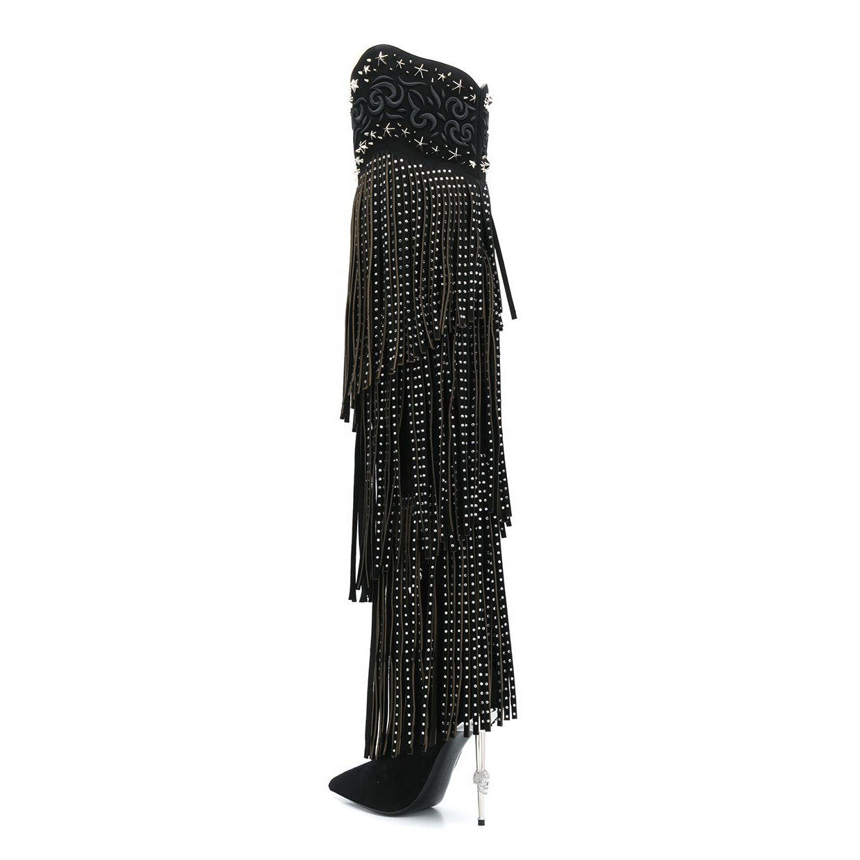 Vintage Crystal Embellished Fringe Cowboy Boots Pointed Toe Thigh Boots - Pleasures and Sins   Pleasures and Sins