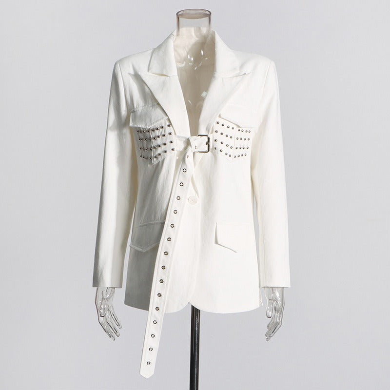 New Design White Long Sleeve Suit Coat for Women with rivet detail and belt - Pleasures and Sins   Pleasures and Sins