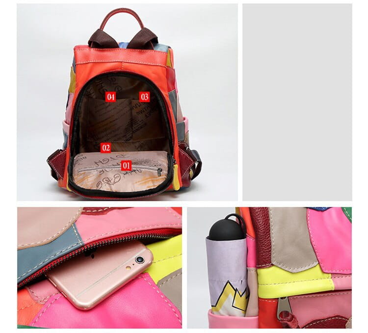 Colorful Genuine Leather Womens Multicolour Large Capacity Patchwork Backpack with compartments