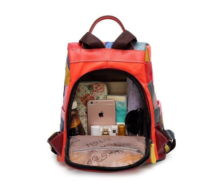 Red Genuine Leather Womens Multicolour Large Capacity Patchwork Backpack with open compartment.