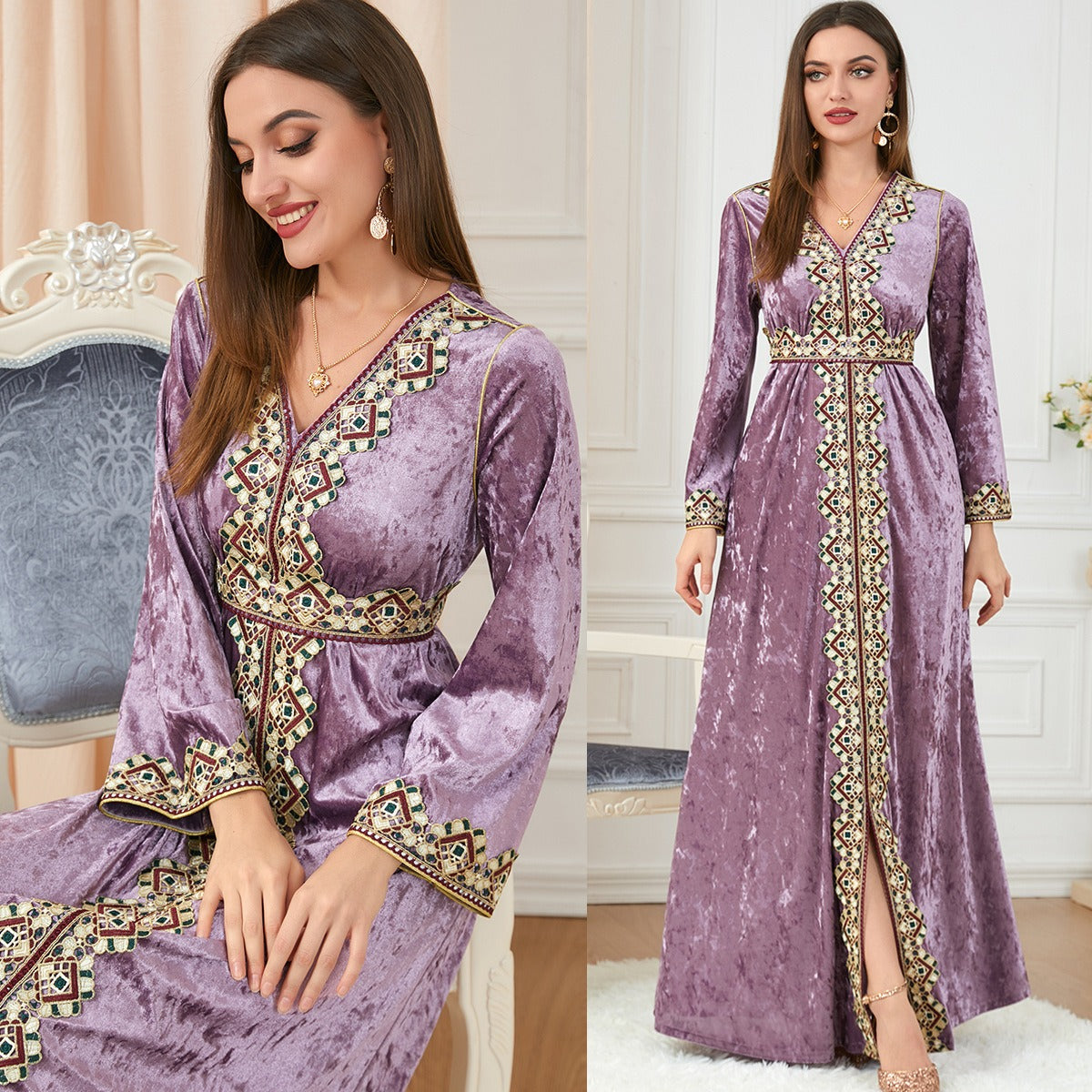 Muslim autumn, winter loose fitting long sleeved golden velvet dress - Pleasures and Sins   Pleasures and Sins