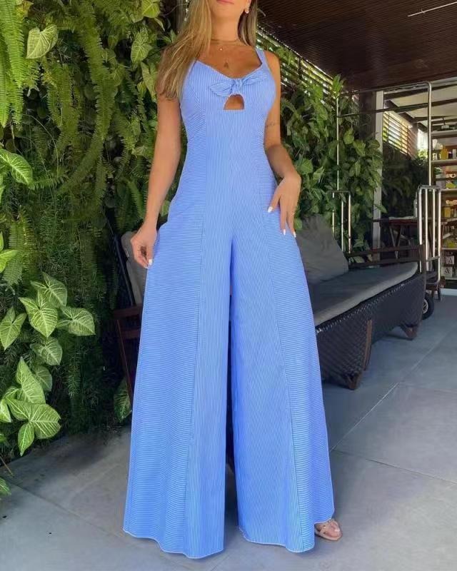 New womens Blue sleeveless casual loose wide leg jumpsuit - Pleasures and Sins   Pleasures and Sins