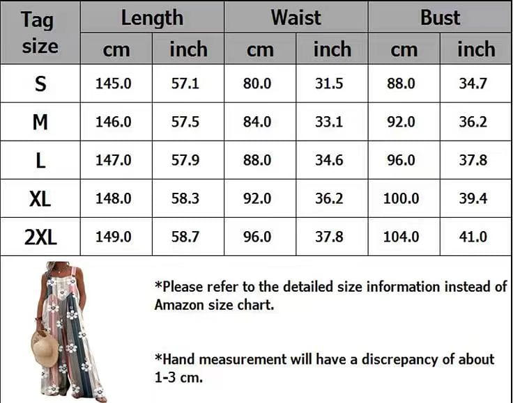 Size chart for Women’s Vintage Print Square Neck Sleeveless Wide Leg Jumpsuit.