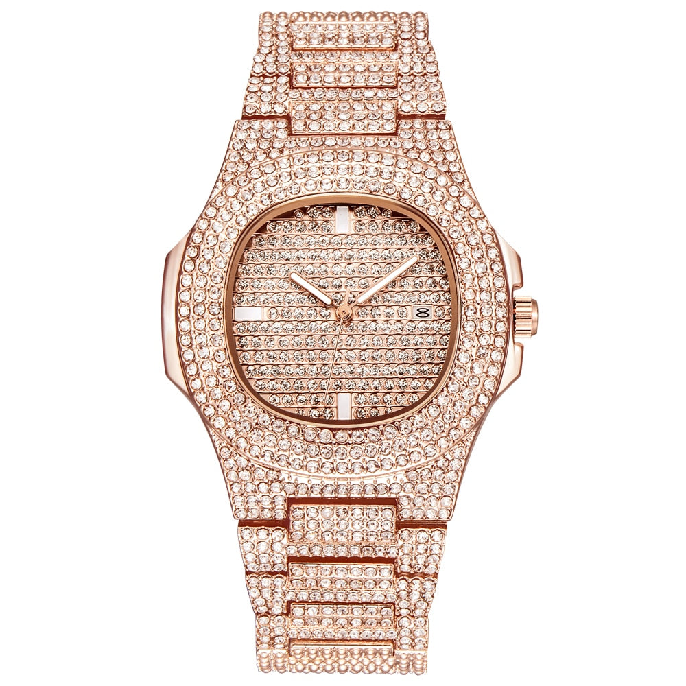 Mens Luxury Diamond Quartz Watch Gold Steel Business Watch Deluxe - Pleasures and Sins   Pleasures and Sins