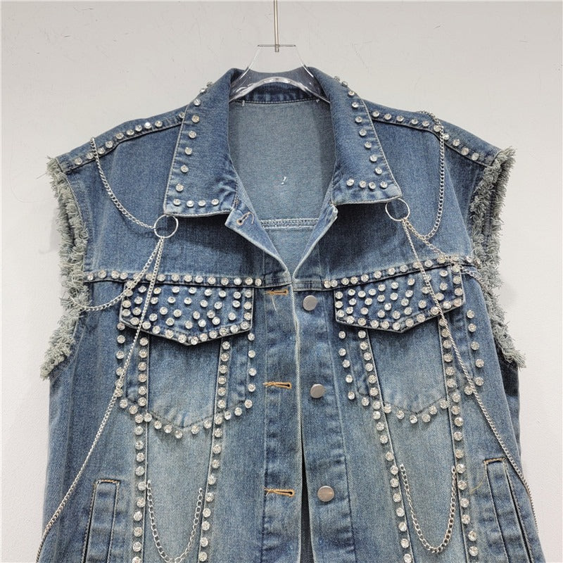 Studded Chain Design Womens Frayed Hem Sleeveless Denim Waistcoat - Pleasures and Sins   Pleasures and Sins