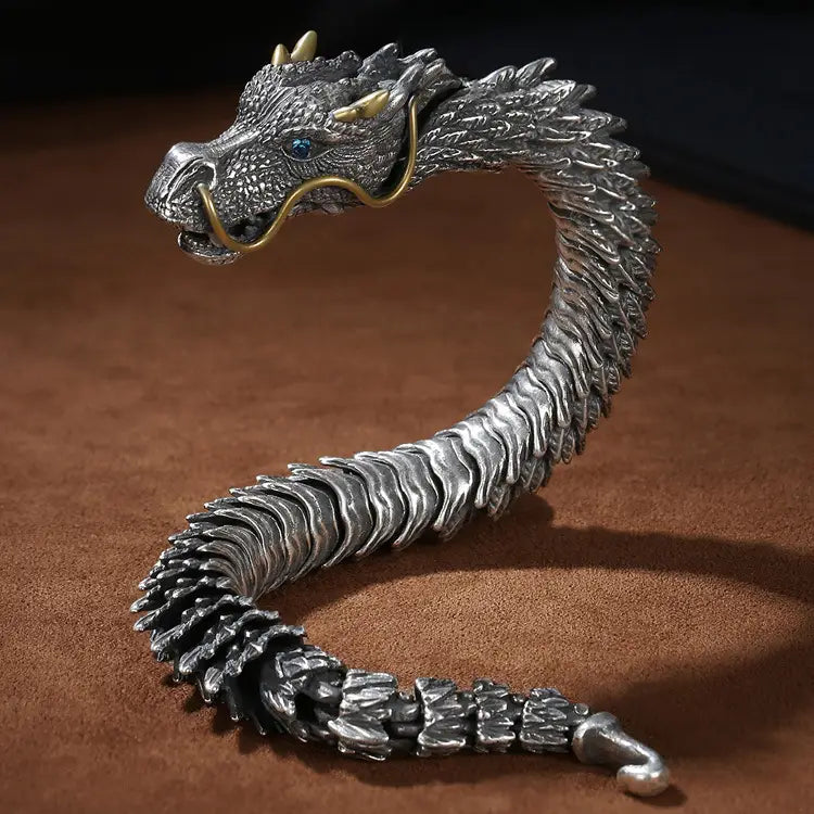 Silver metallic dragon sculpture showcases the stylish Silver Plated Mens Retro Dragon Bracelet.