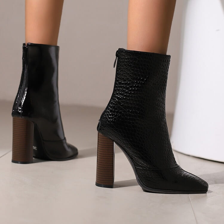 Black leather Drag Queen High Heel French Style Ankle Boots with crocodile texture.