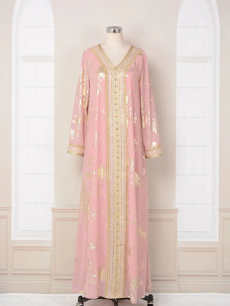 Muslim Womens Dress New Pink Stamped Fashion Party Robe