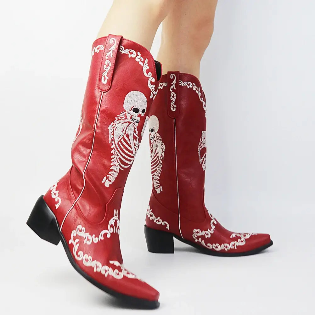 Bottes de cowgirl à talons hauts pour femmes à mi-mollet et à talons courts Skull