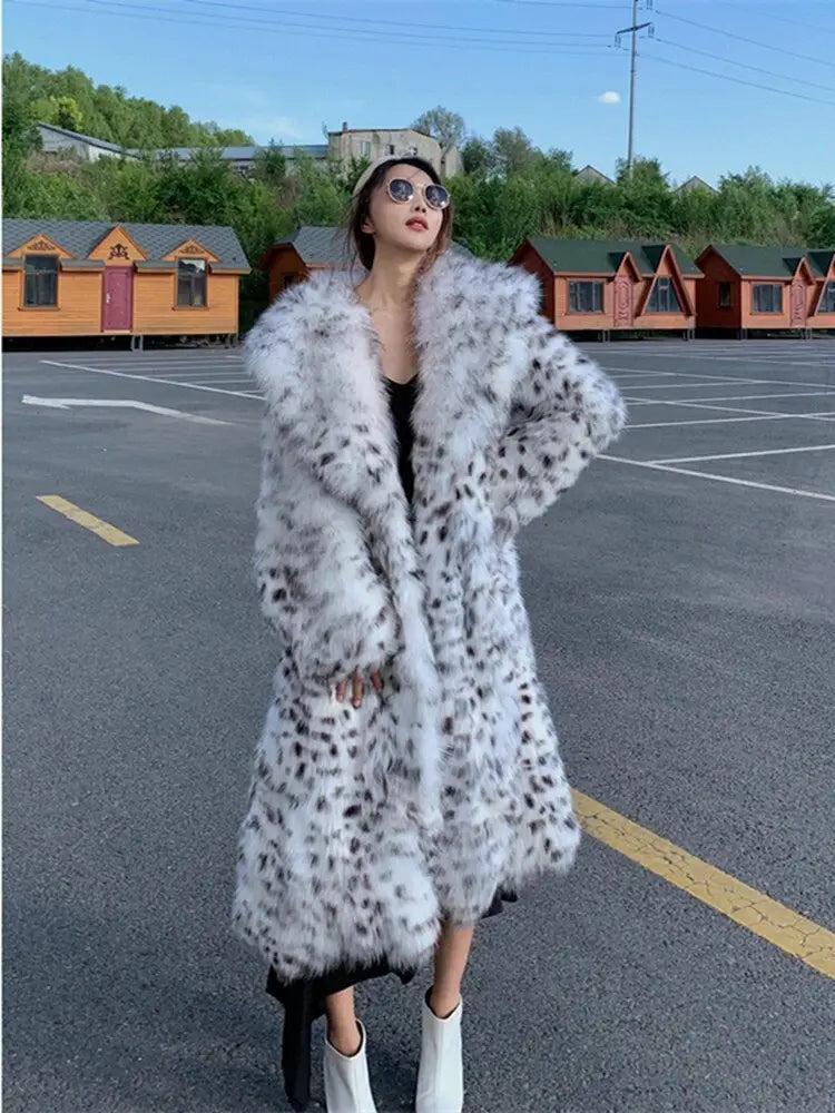 Women’s Knee Length Mink Fur Coat with Leopard Print Style